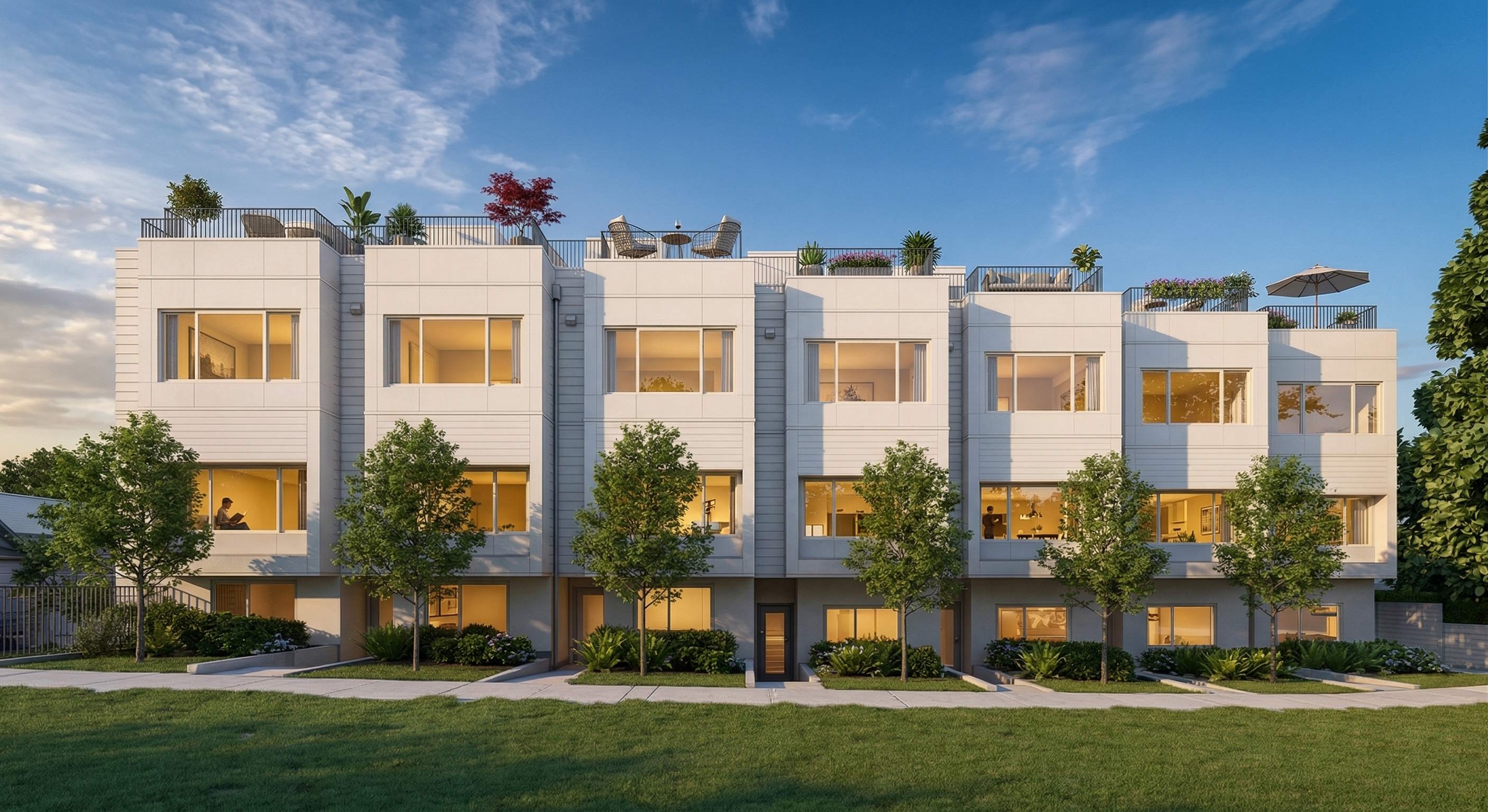 Quill rowhomes exterior building photo with trees